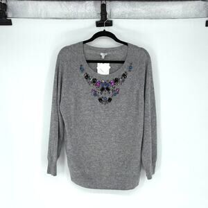 NWT Halogen Heather Gray Cashmere Jeweled Cropped 3/4 Sleeve Sweater - Plus 2X